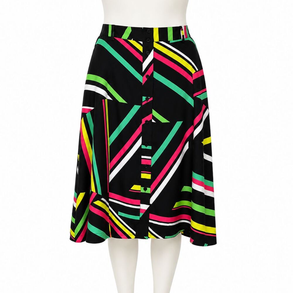 Bar III Plus Sz 14 A-Line Knee Length Skirt Black Neon Stripe Button Front Midi
